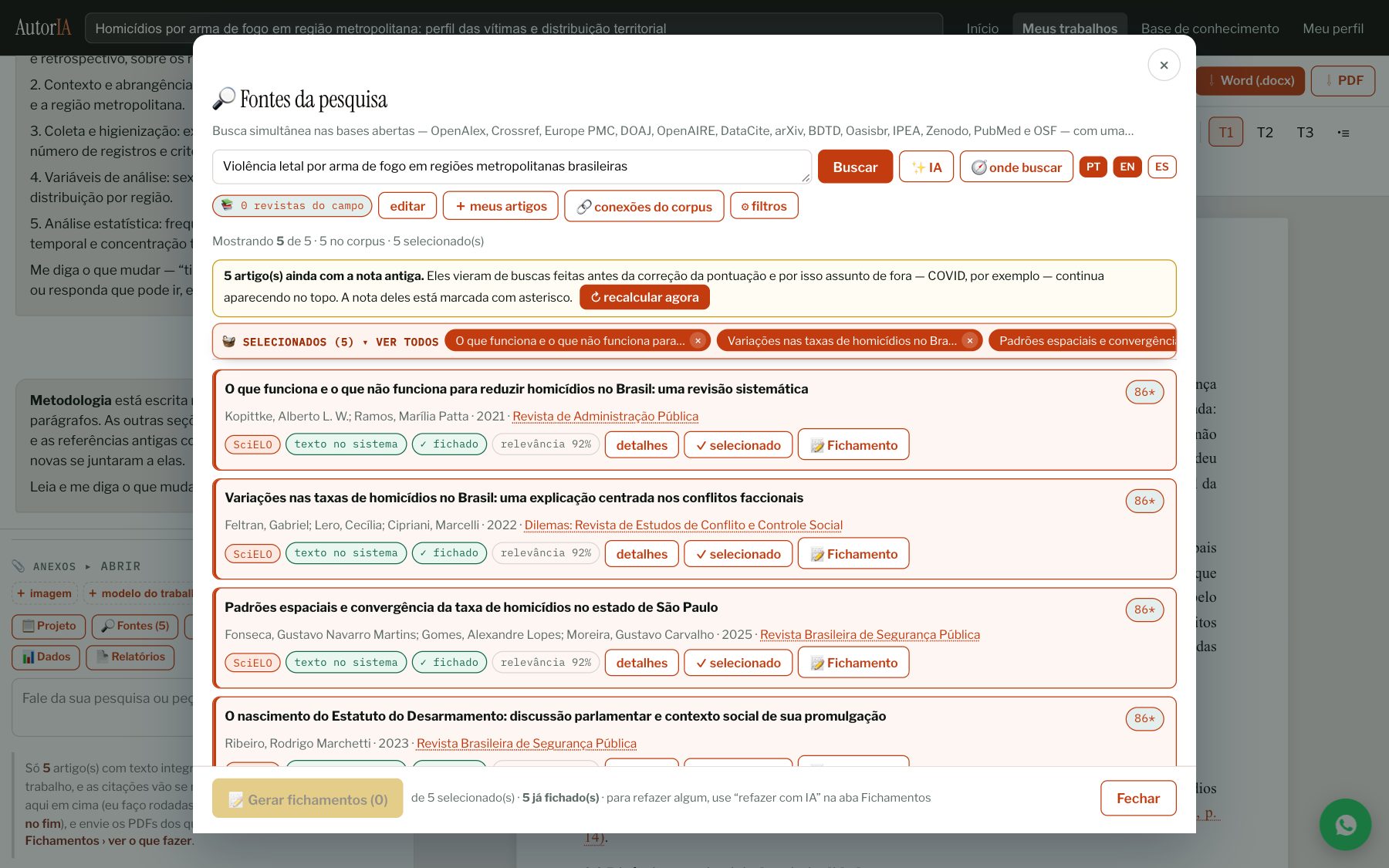Painel de artigos com os resultados da busca pontuados por aderência ao problema de pesquisa.