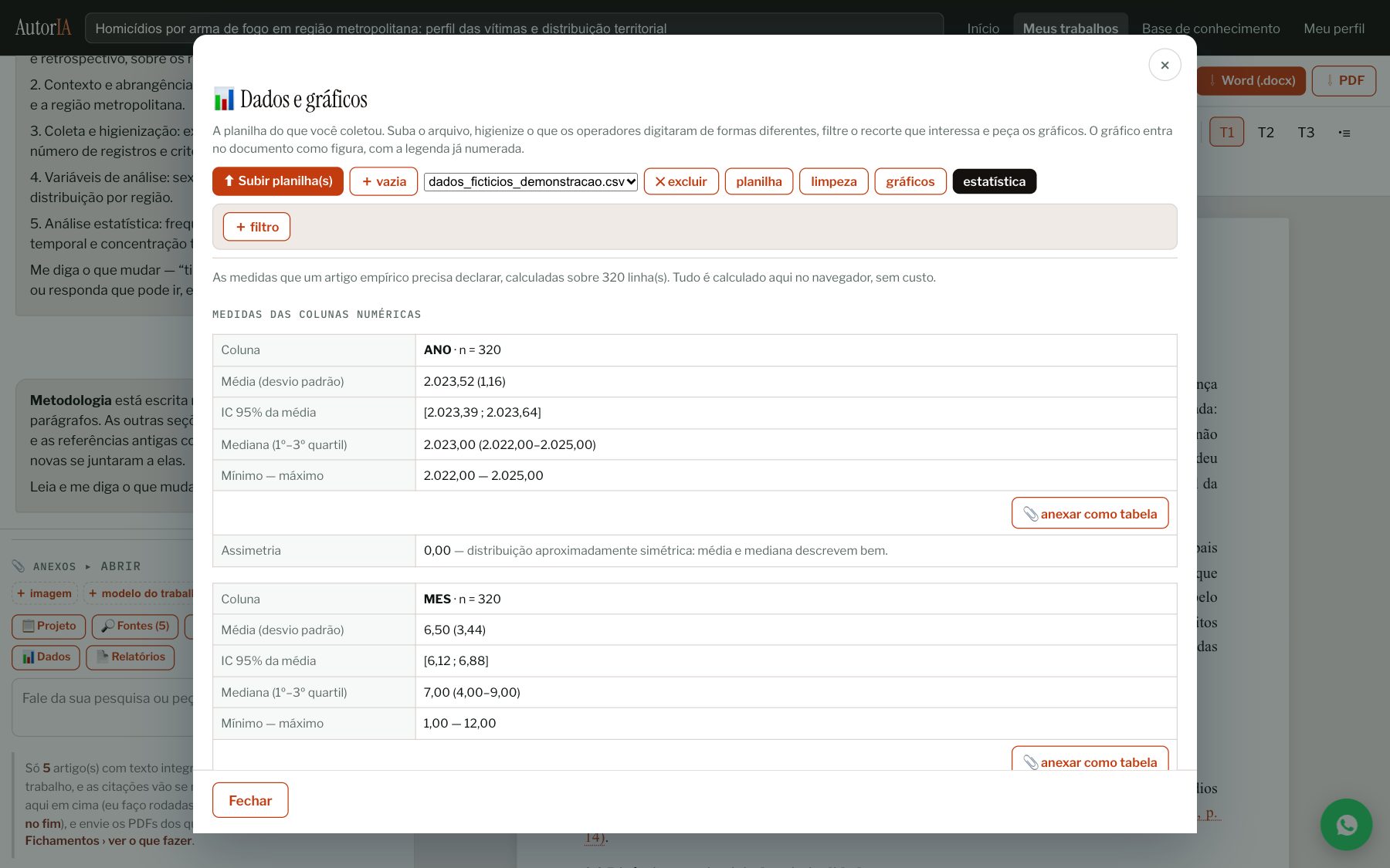 Aba de estatística: média, desvio, intervalo de confiança e correlação, com a tabela pronta para o editor.