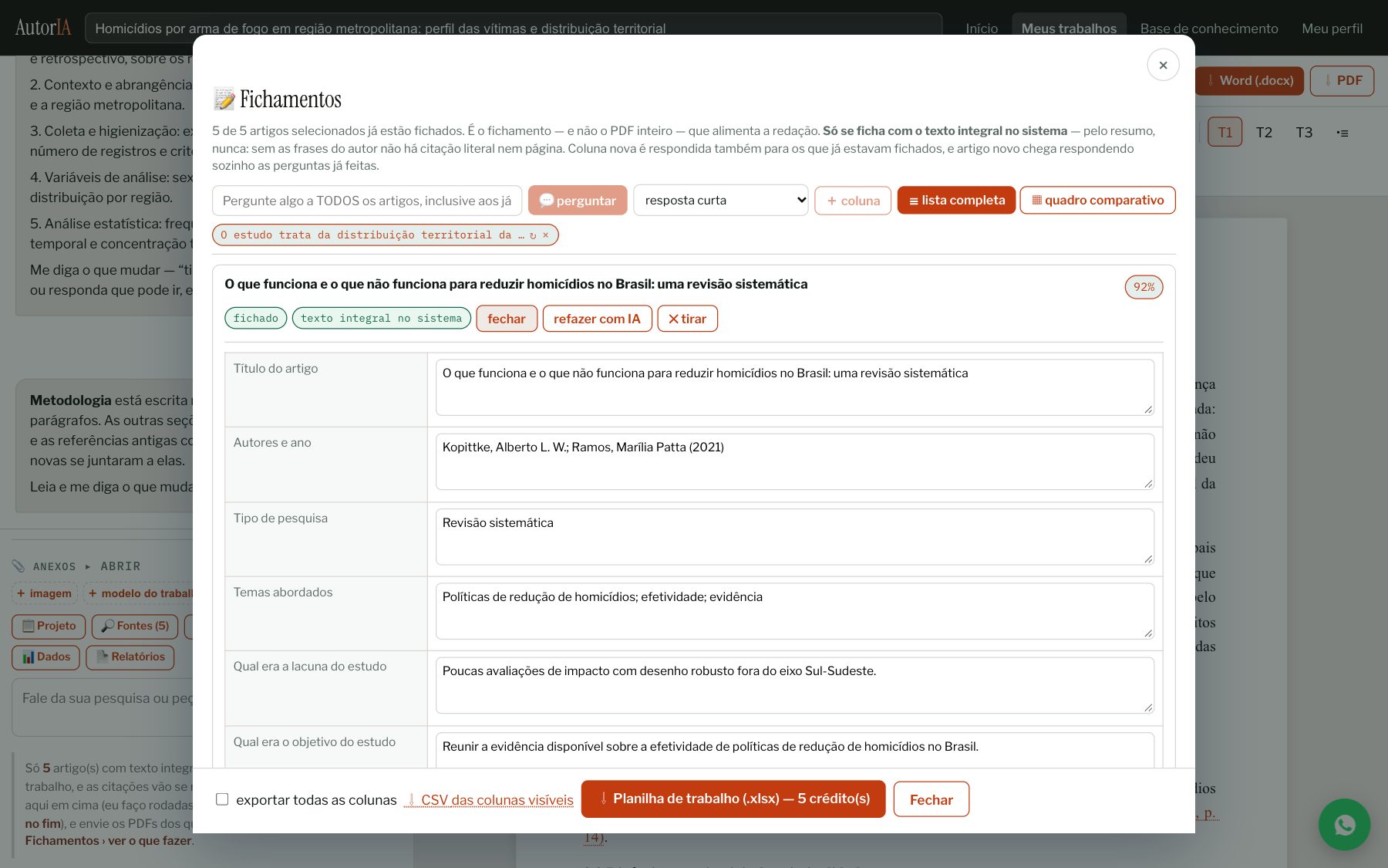 Fichamento de um artigo: objetivo, método, achados, lacunas e citações com página.